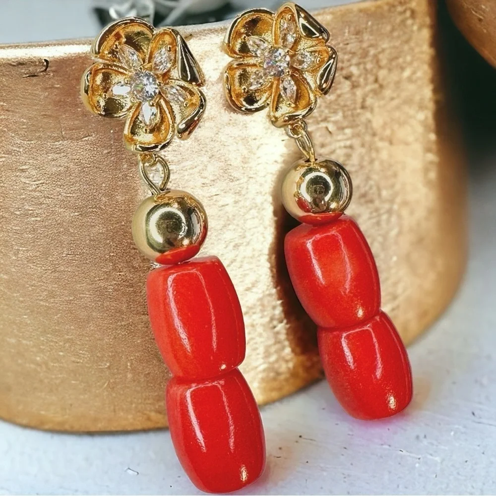 NEW Yellow Gold Blooming Flower Gold Hematite & Red-Orange Natural Coral Earring